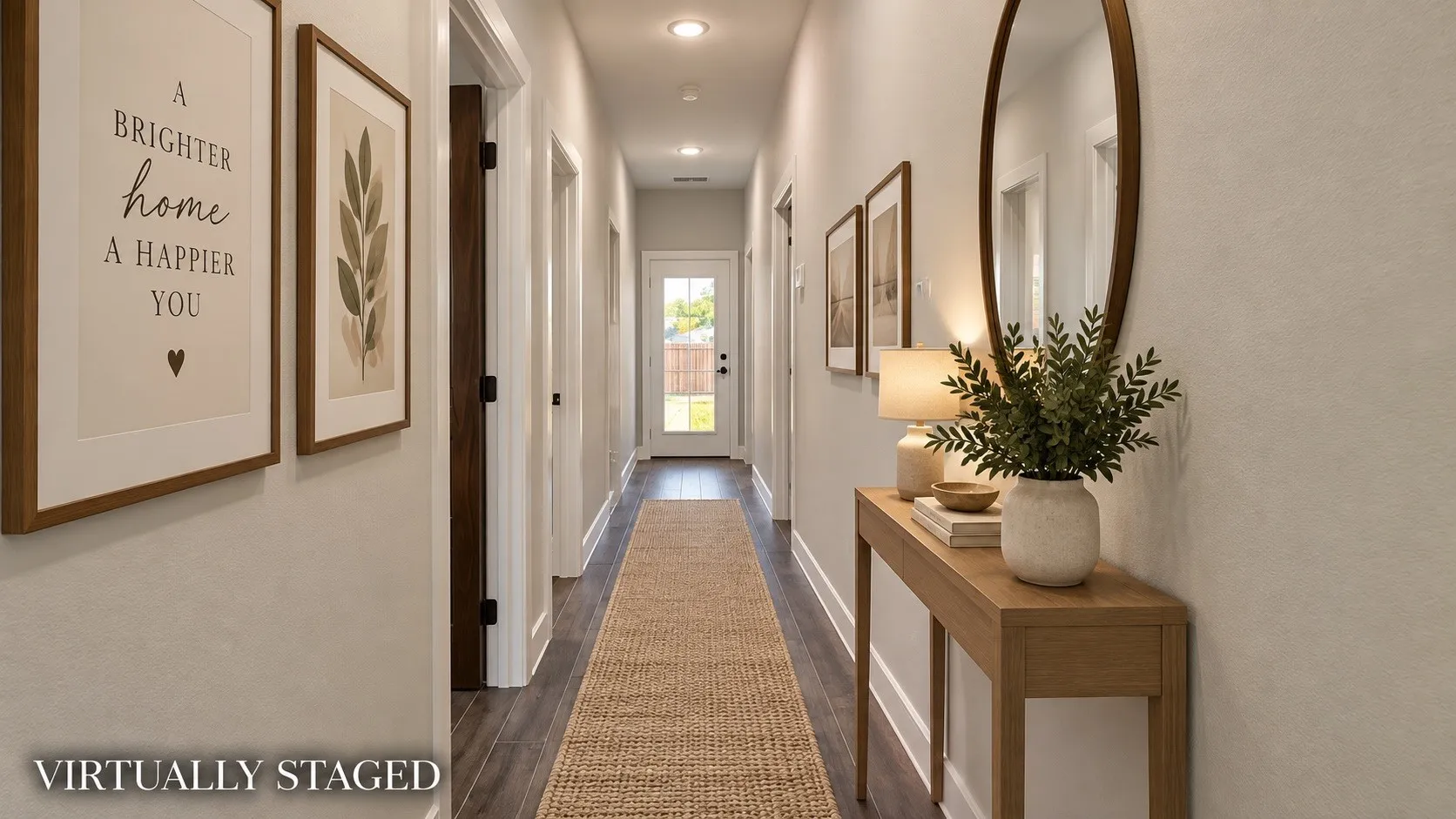 Recessed lighting illuminates the hallway, featuring wood-finish flooring and light-colored walls