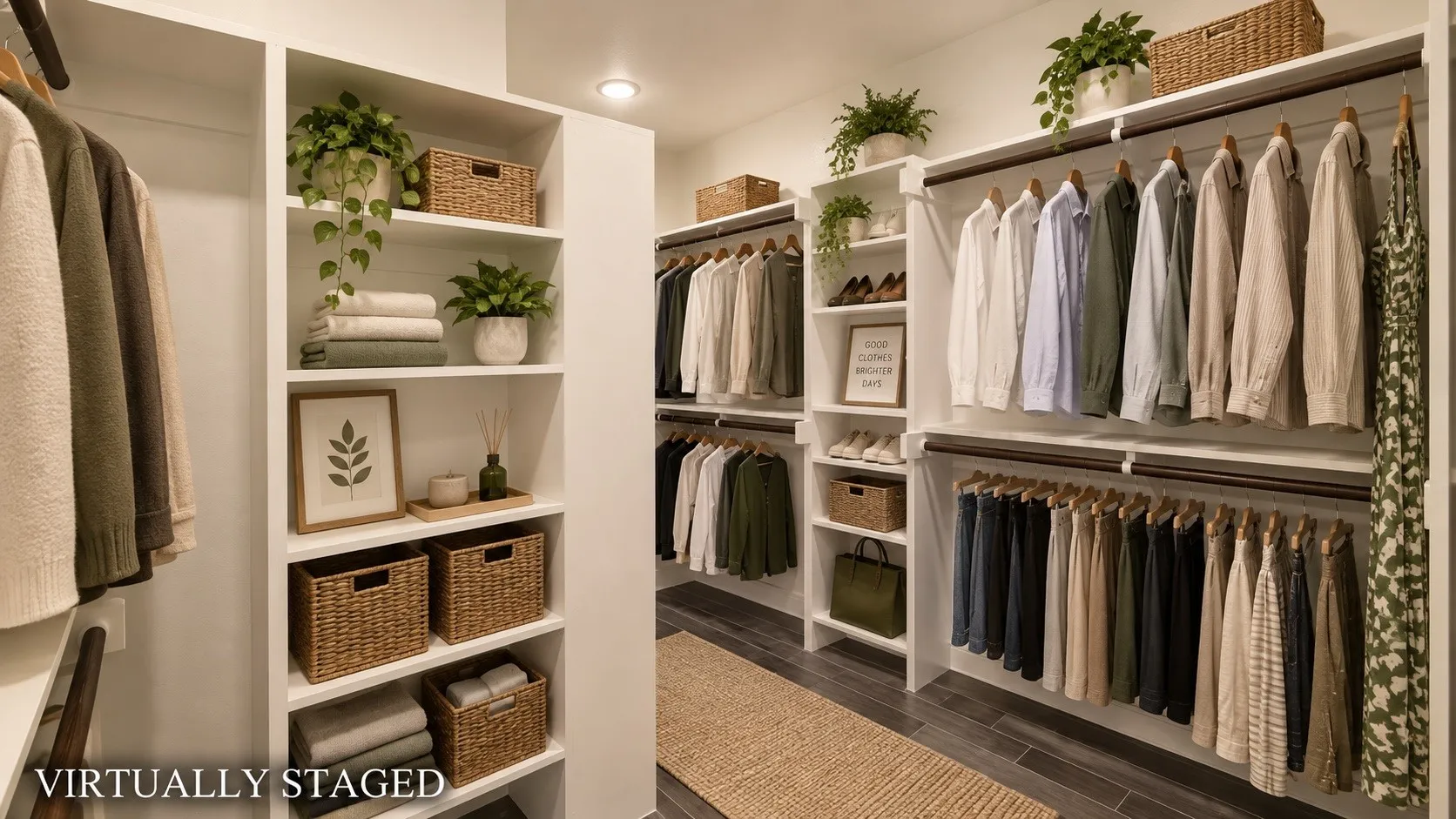 Custom closet system featuring extensive shelving, multiple hanging rods, built-in storage, and dark-toned wood-finish flooring