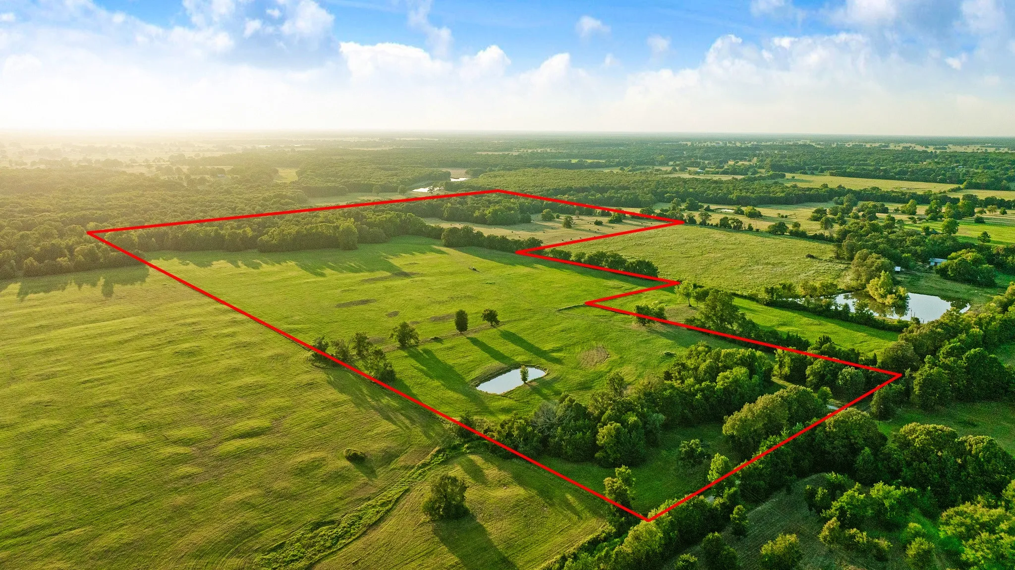 Expansive acreage featuring open fields, mature tree lines, and 3 tanks. Red line may not be exact as the fenced property line.