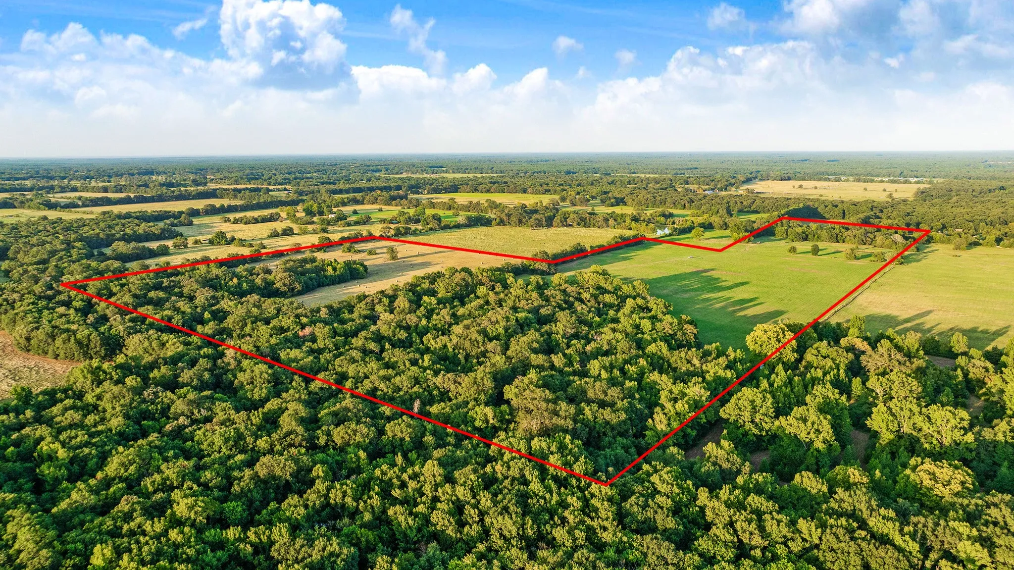 Looking at the wooded acreage at the back of the property looking toward the front of the property. Red line may not be exact as the fenced property lines.