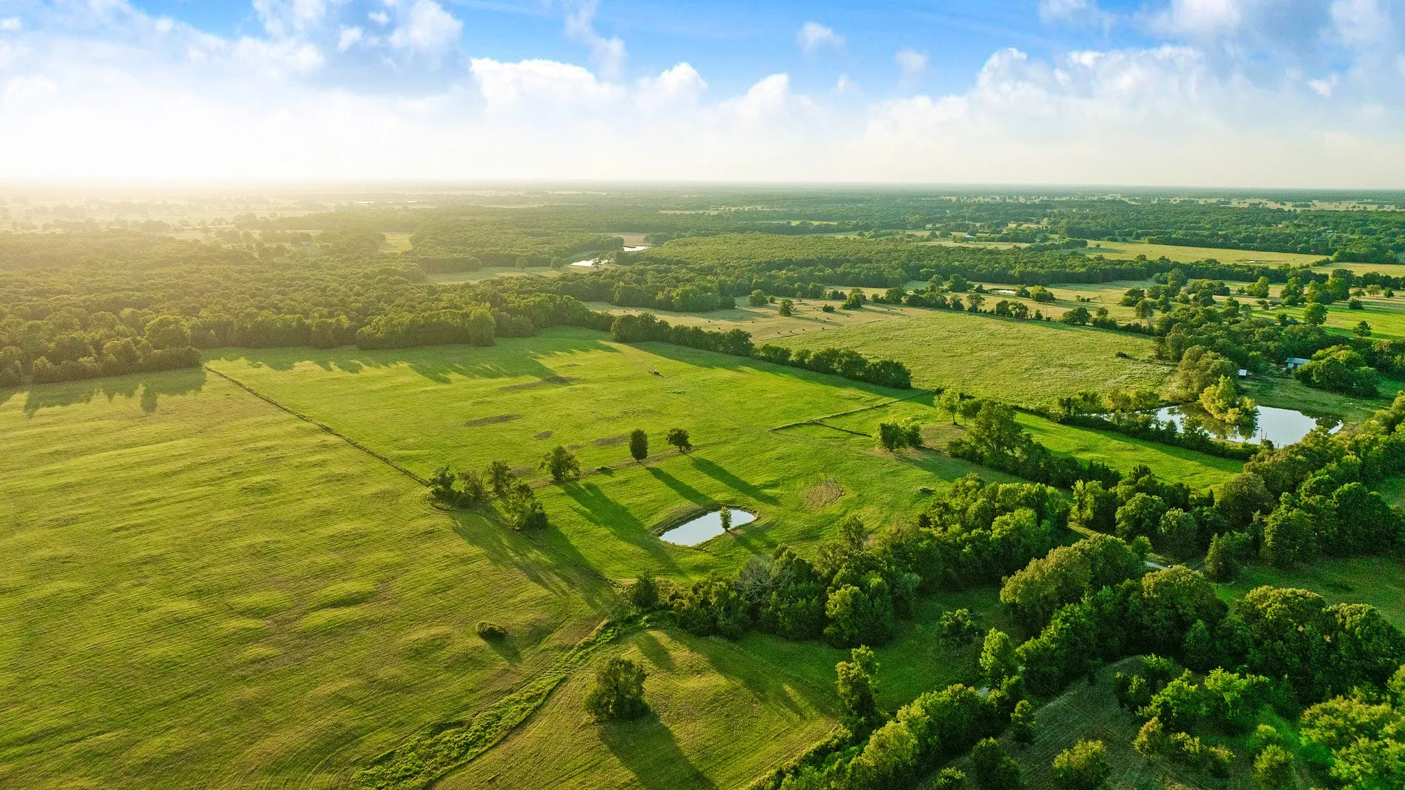 Expansive verdant fields featuring multiple ponds and mature tree lines
