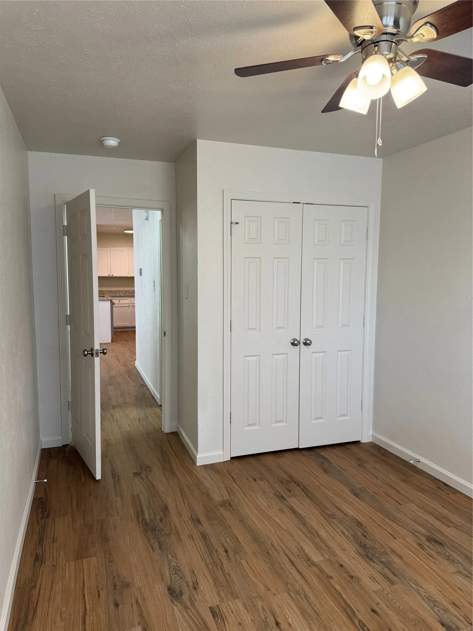Wood-finish flooring throughout, white paneled doors, and a ceiling fan with integrated lighting