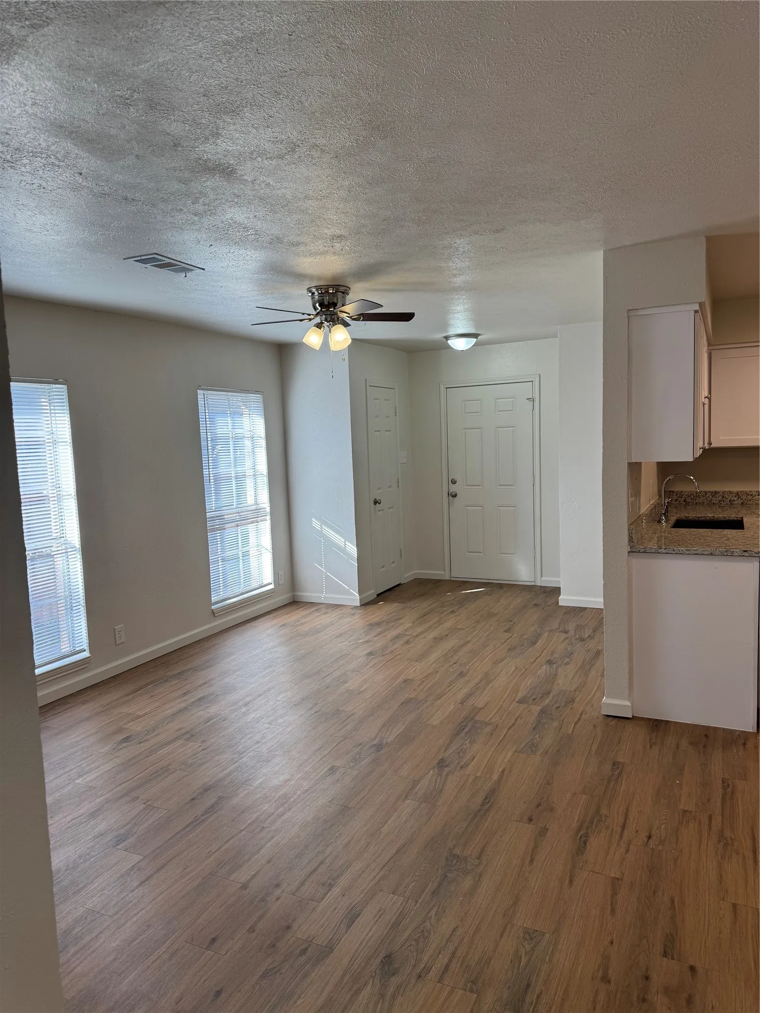 Wood-finish flooring throughout, light-toned walls, multiple windows, and a ceiling fan