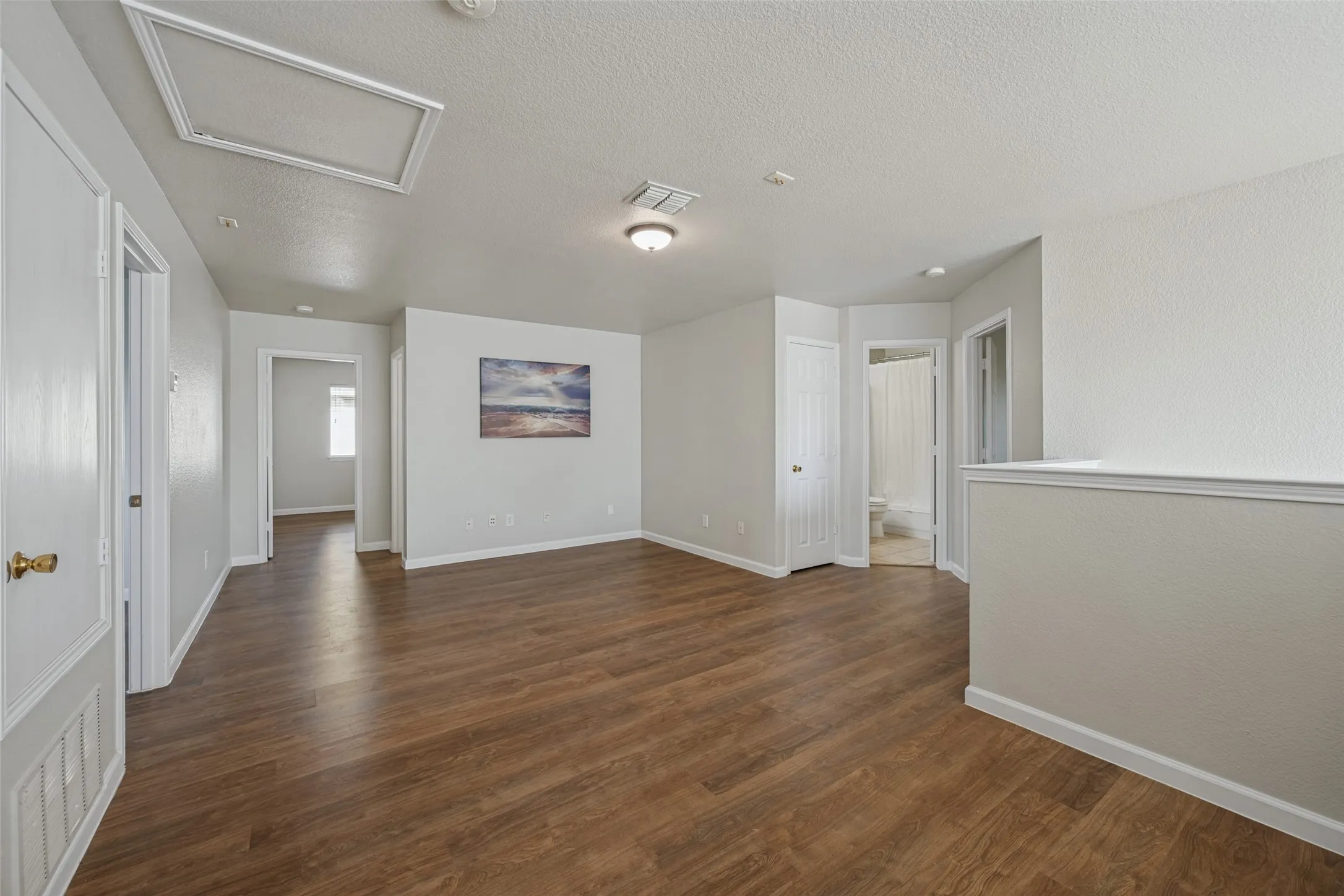 Wood-finish flooring throughout, light-toned walls, recessed lighting, and a ceiling-mounted light fixture