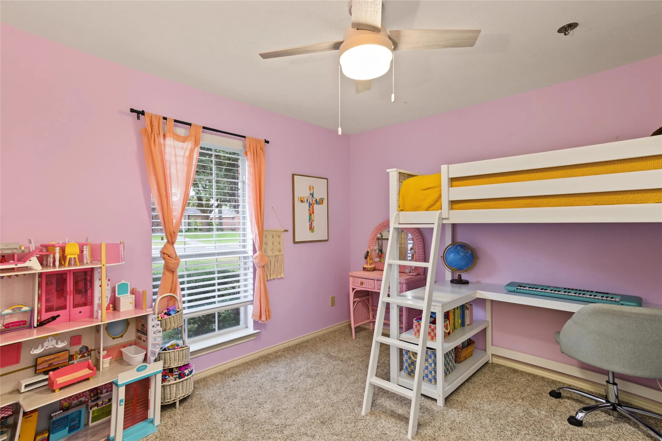 Window with horizontal blinds, overhead ceiling fan with lighting, built-in loft bed, and carpeted flooring