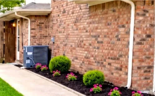 Brick exterior with white downspout, air conditioning unit, and landscaped planting bed featuring green shrubs and flowering plants