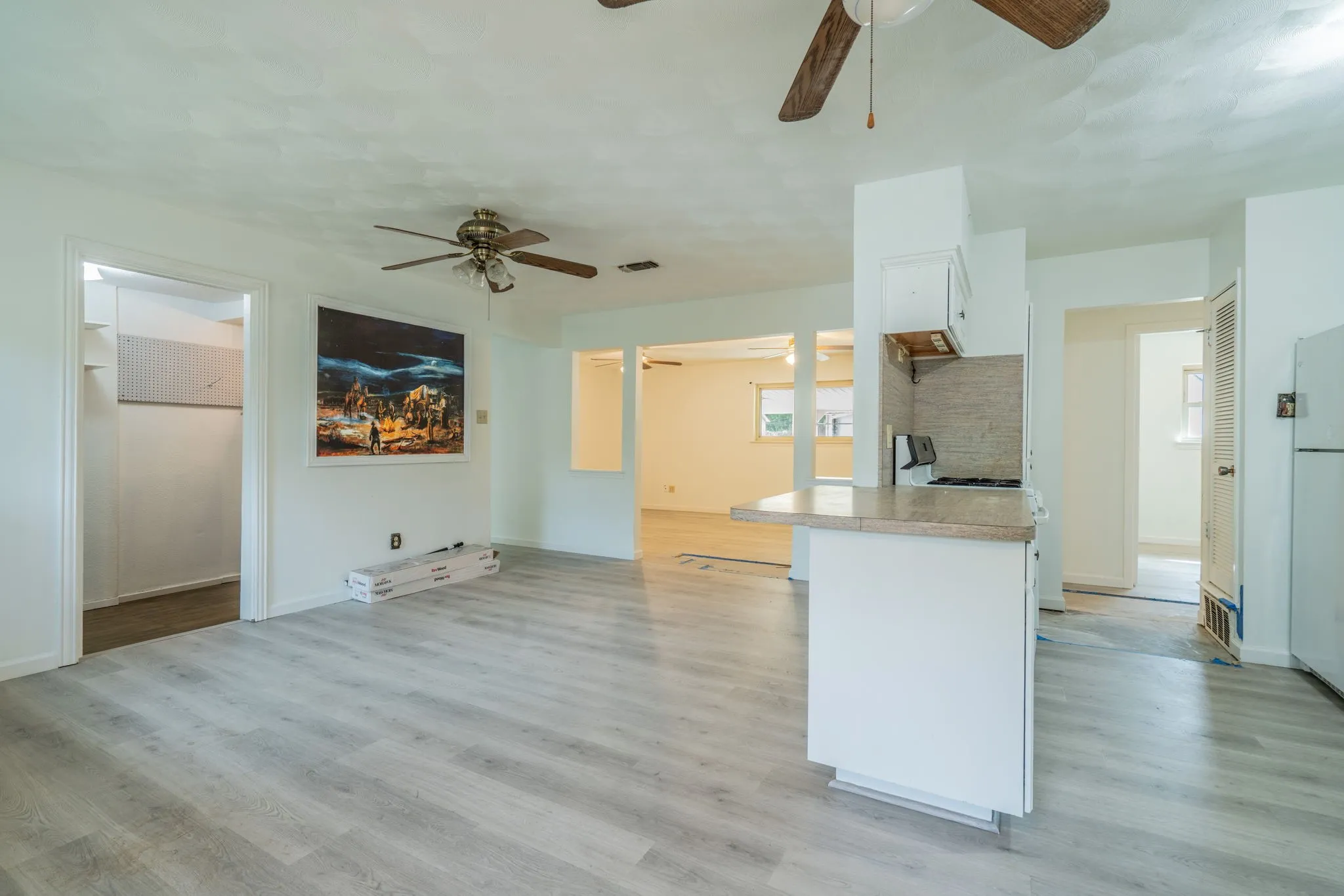 Light wood-finish flooring throughout, white walls, and built-in white cabinetry