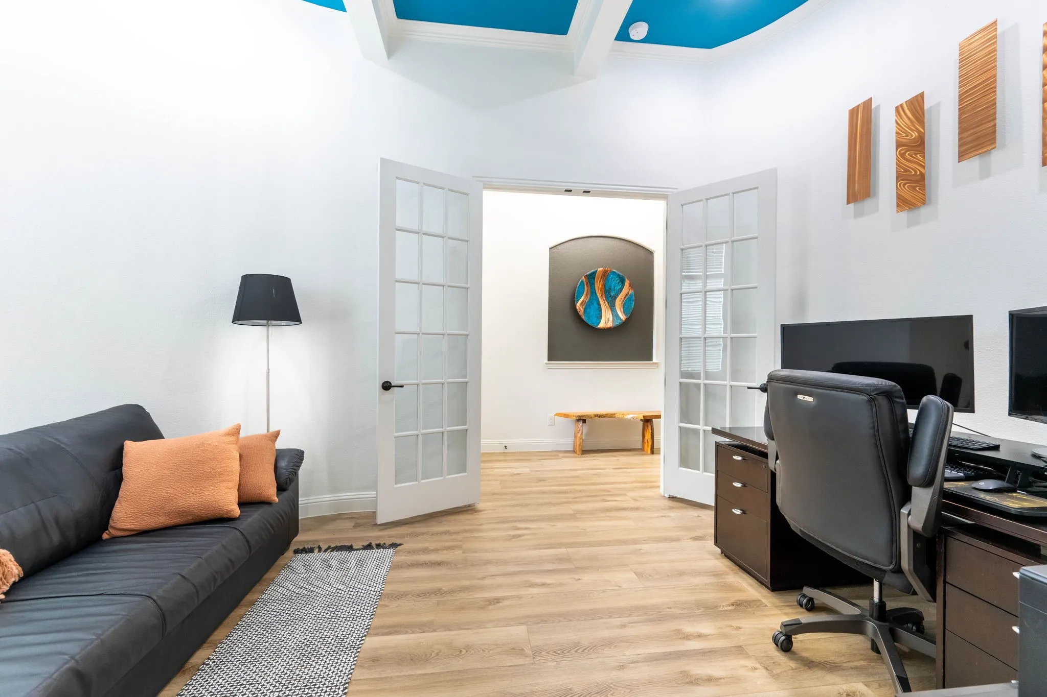 Office with coffered ceiling