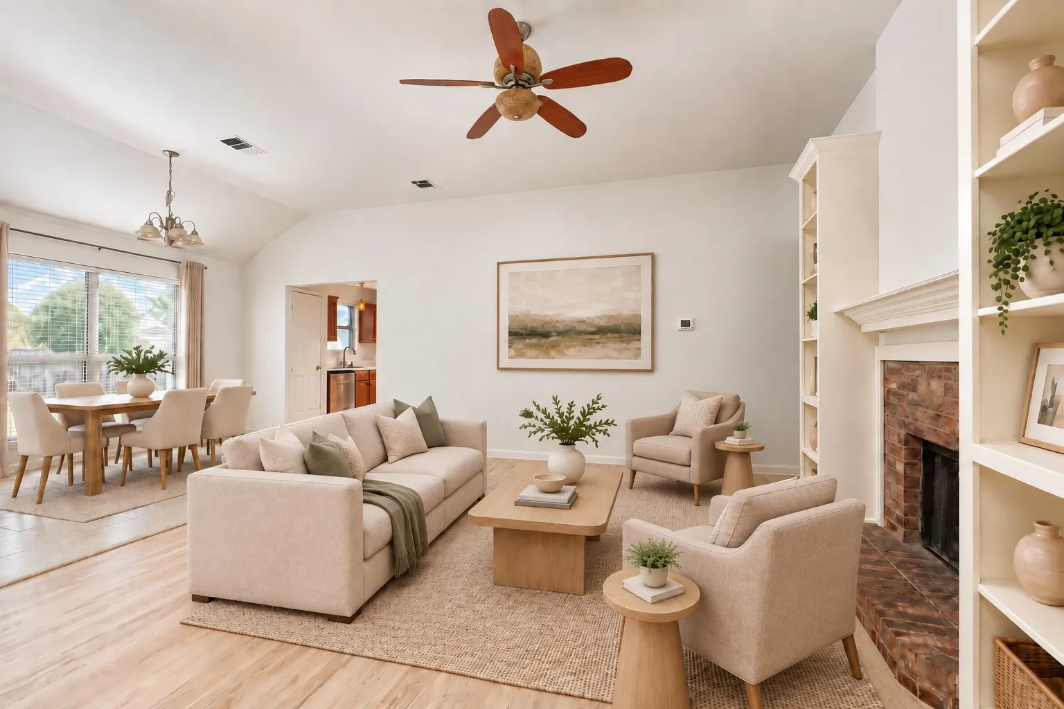 Vaulted ceiling with a ceiling fan, wood-finish flooring, built-in shelving, brick fireplace, and large window