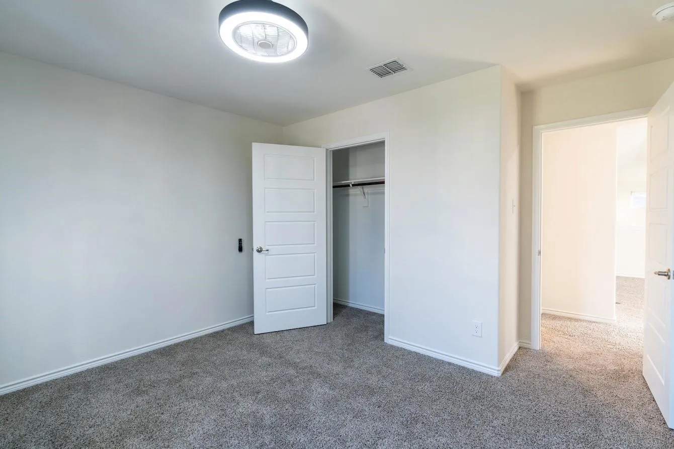 Plush carpet flooring, a built-in closet with shelving, and a modern ceiling light fixture