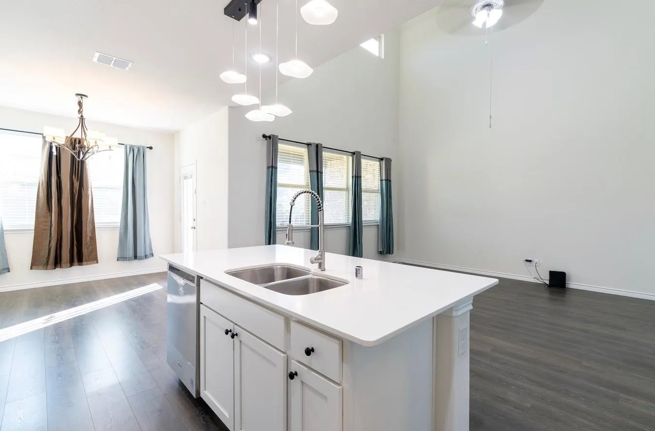 Kitchen island with white cabinetry, dual stainless steel sinks, and a gooseneck faucet
