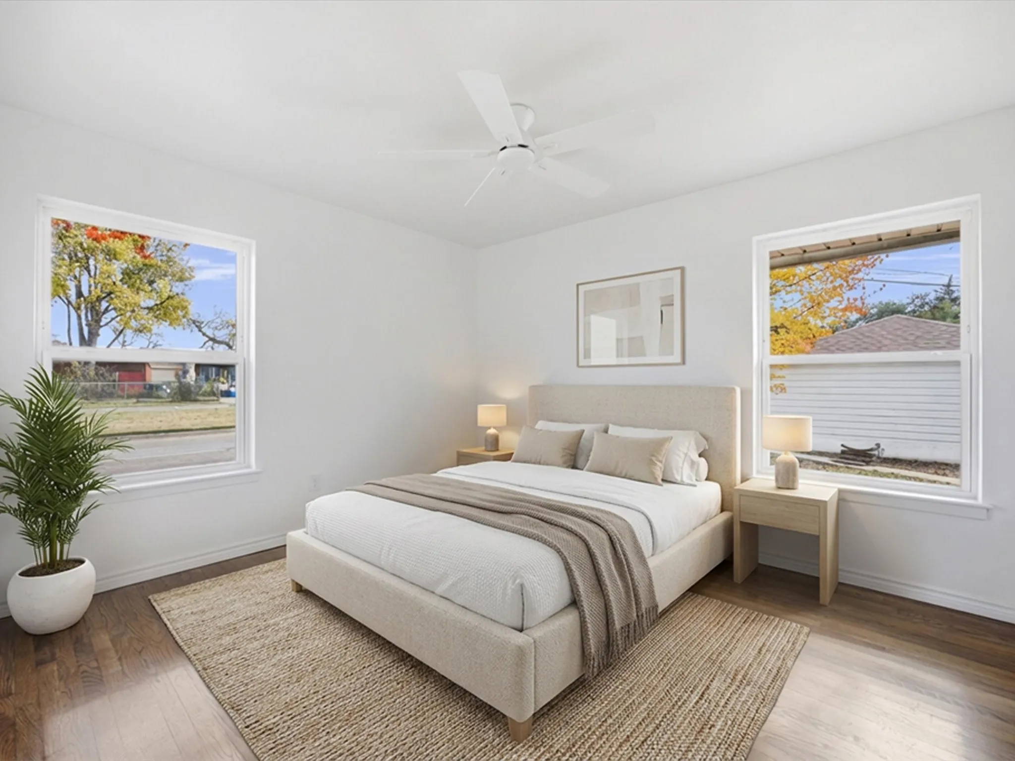 Wood-finish flooring, white walls, two windows, and a ceiling fan