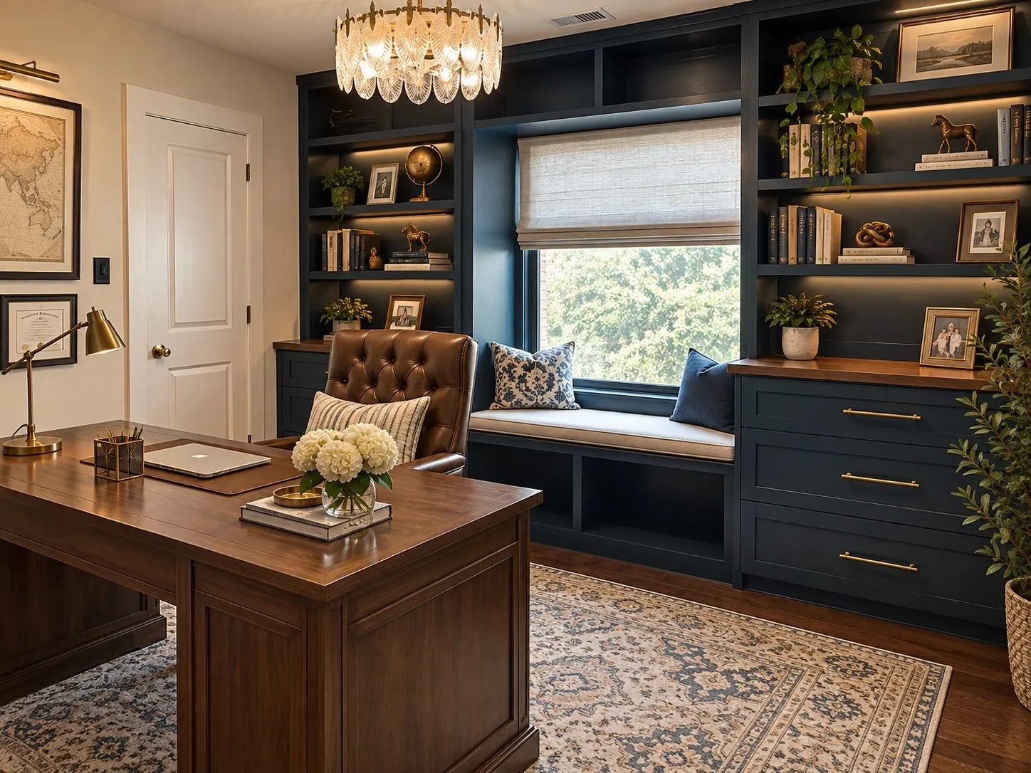 Custom built-in cabinetry with integrated lighting, wood-finish flooring, recessed window seat, and a decorative ceiling light fixture *AI Generated photo*