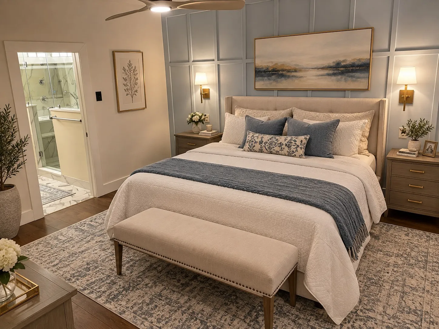 Recessed panel accent wall, ceiling fan with integrated lighting, wood flooring, and wall-mounted sconces with personal on-off switches. *AI generated room*