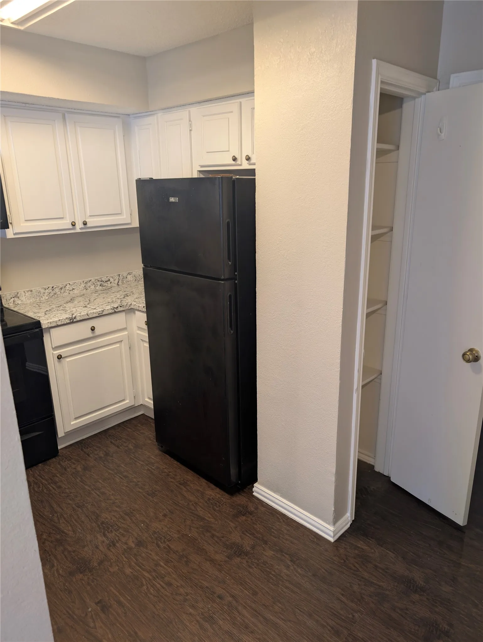 White cabinetry with gold-finish hardware, light-toned countertop, wood-finish flooring, and a built-in pantry with shelving