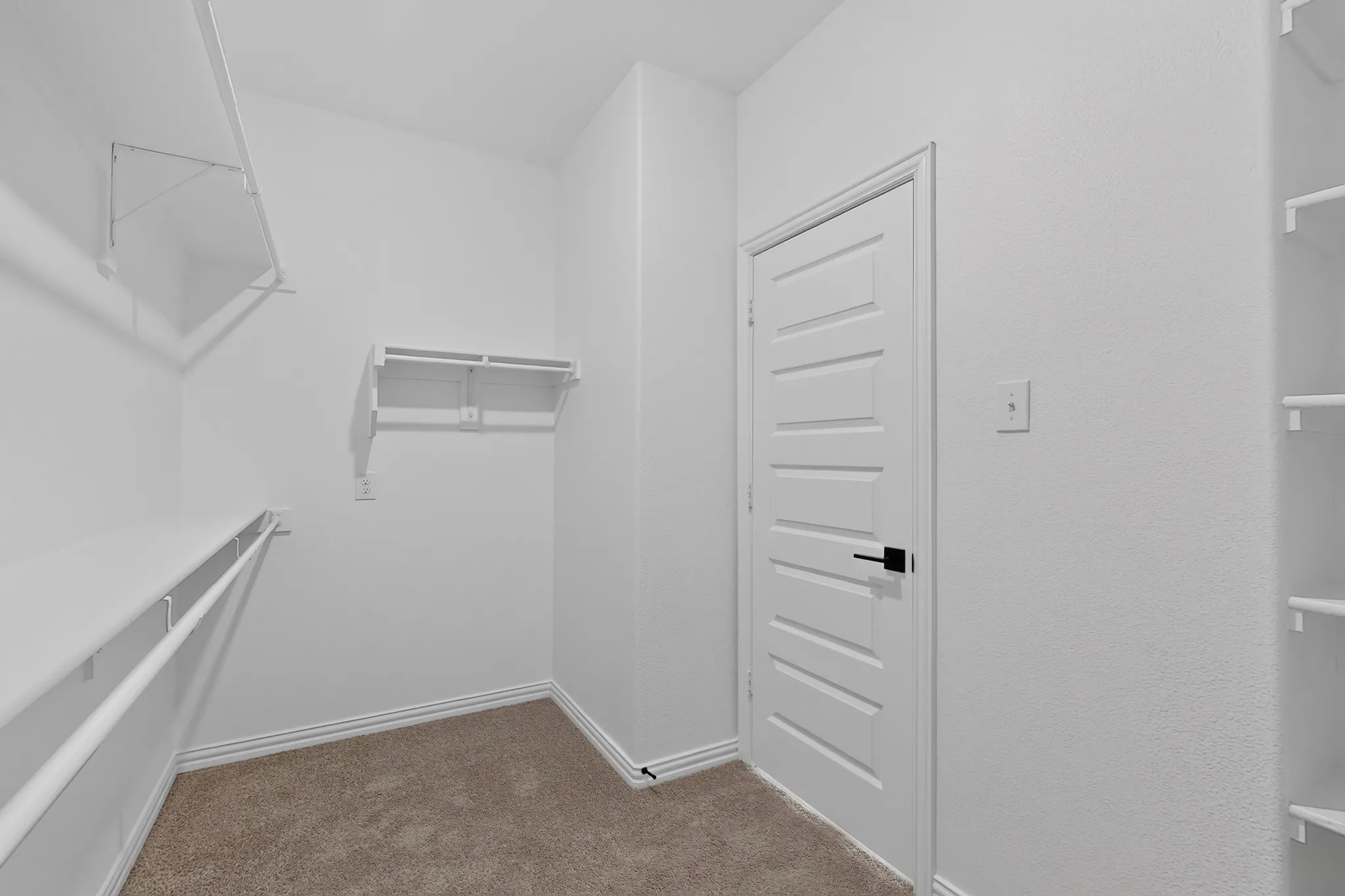 Walk-in closet featuring carpet flooring, built-in shelving, hanging rods, and a white panel door with matte black hardware
