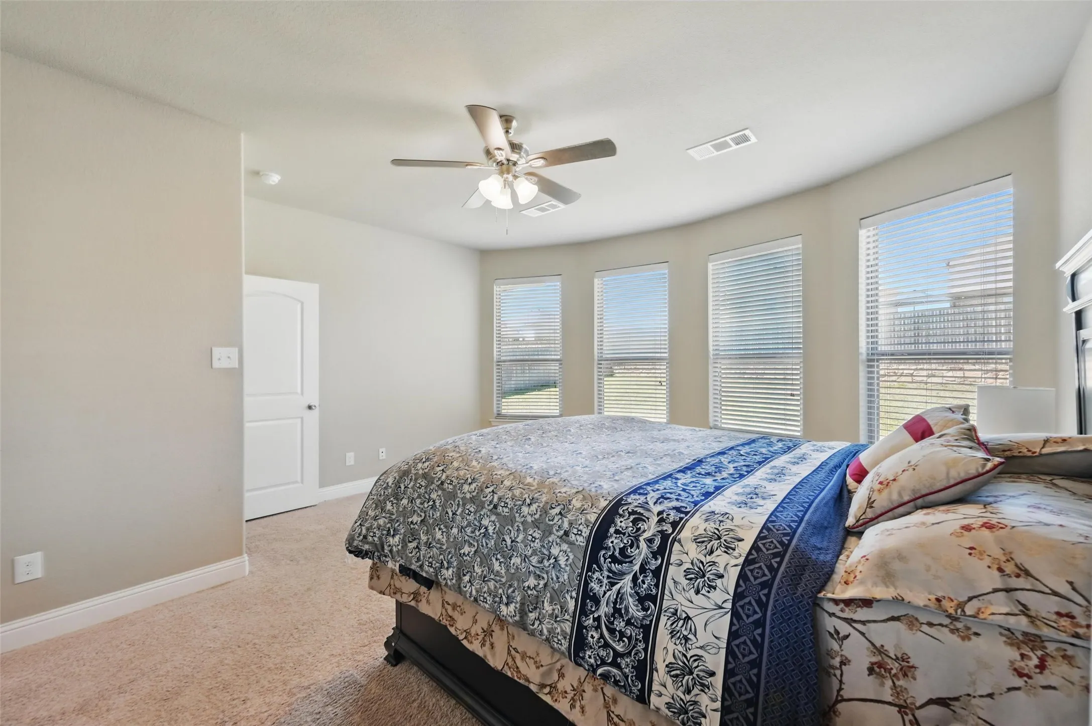 Carpeted flooring, ceiling fan, multiple windows with blinds, and a white paneled door