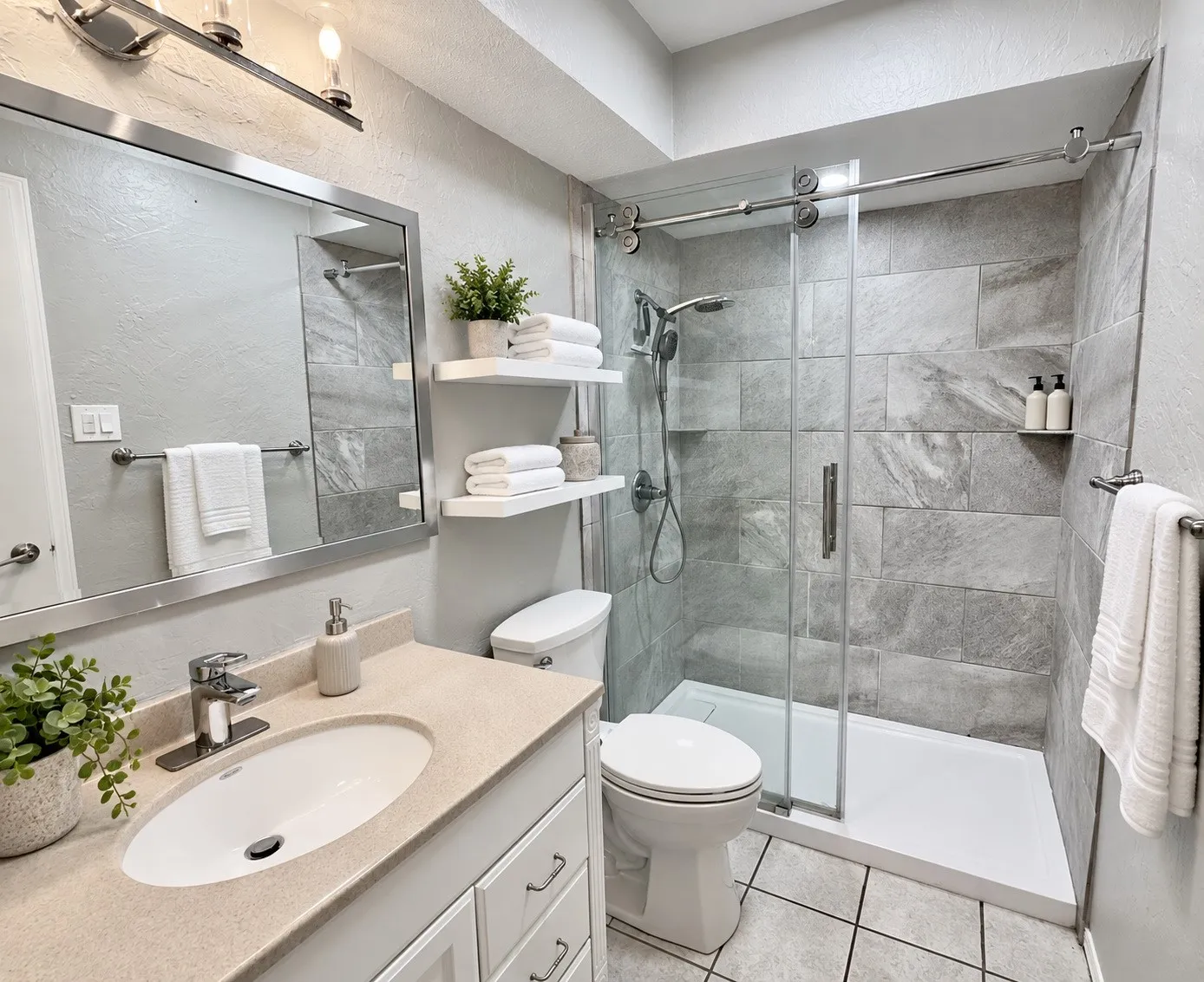 Walk-in shower with sliding glass door, vanity with integrated sink, floating shelves, and tile flooring