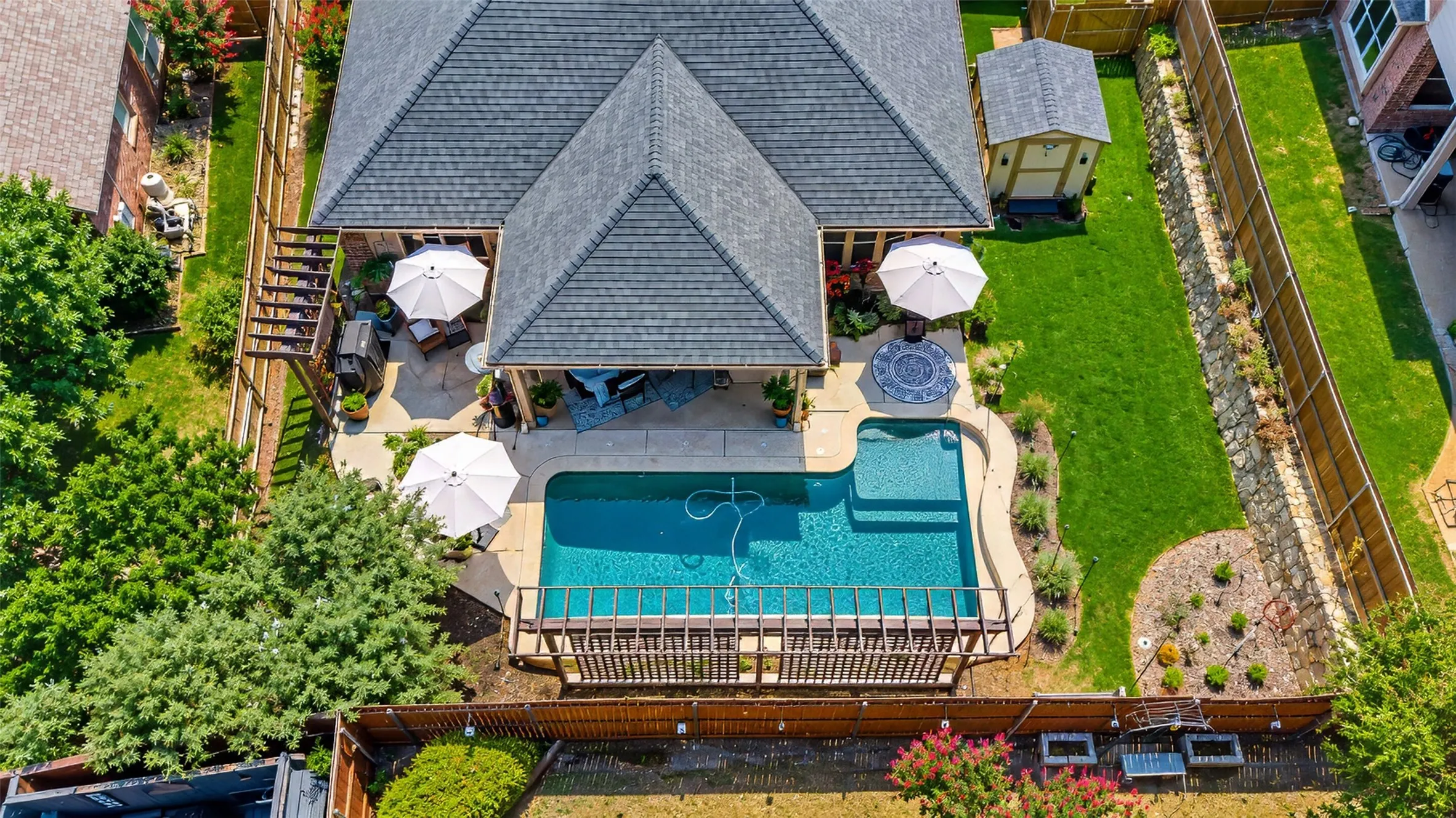 Aerial view house backyard on north side
