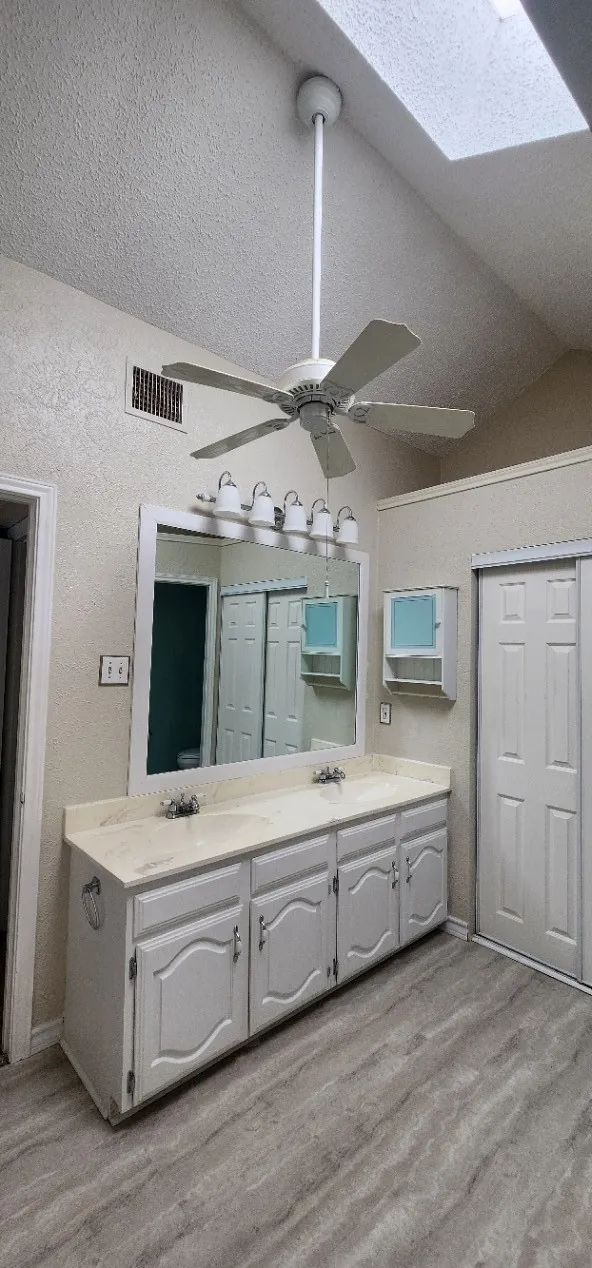 Sloped ceiling with skylight, dual vanity with solid surface countertop, wood-finish flooring, and ceiling fan