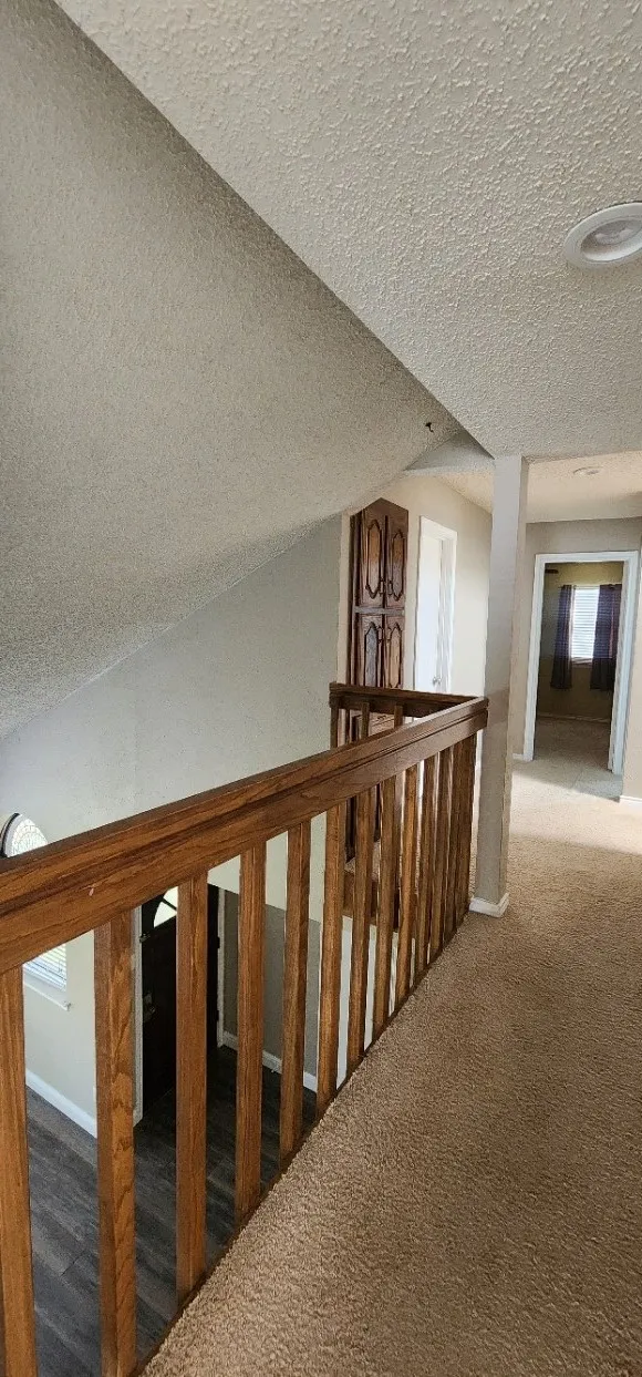Carpeted hallway featuring a wooden railing and built-in wood-finish cabinetry