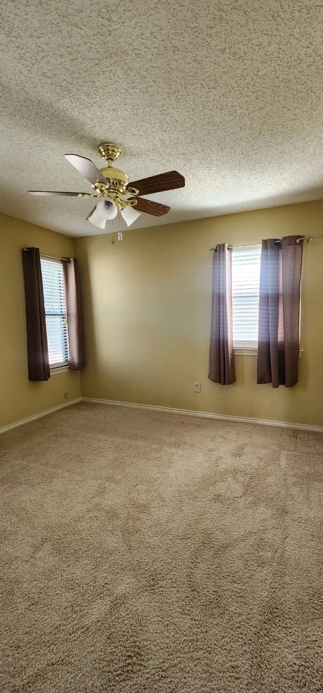 Carpeted room with two windows, a ceiling fan, and painted walls