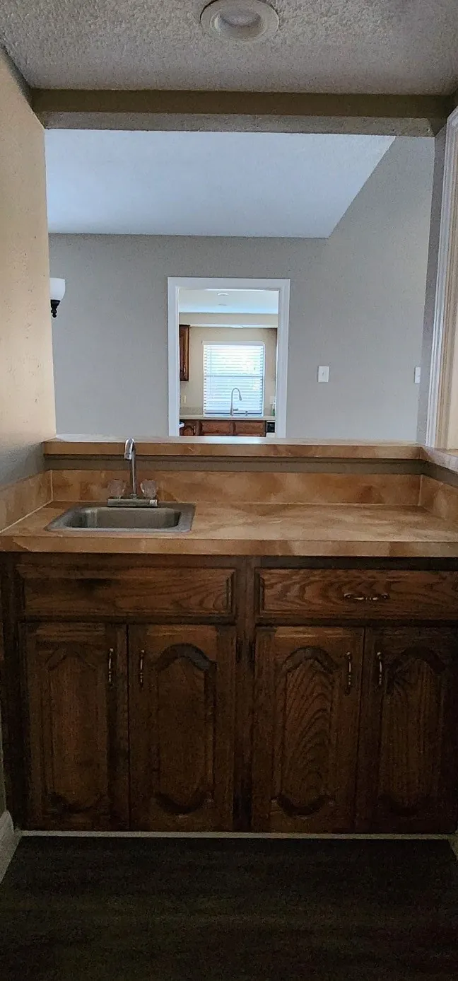 Built-in wet bar with a stainless steel sink, wood-finish countertop, and wood cabinetry