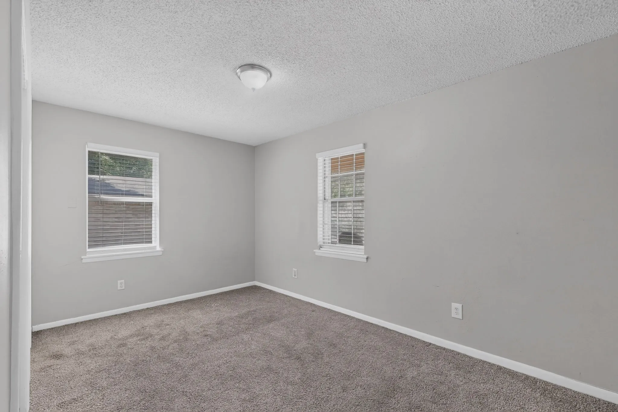 Neutral wall color, carpet flooring, two windows with blinds, and a ceiling-mounted light fixture