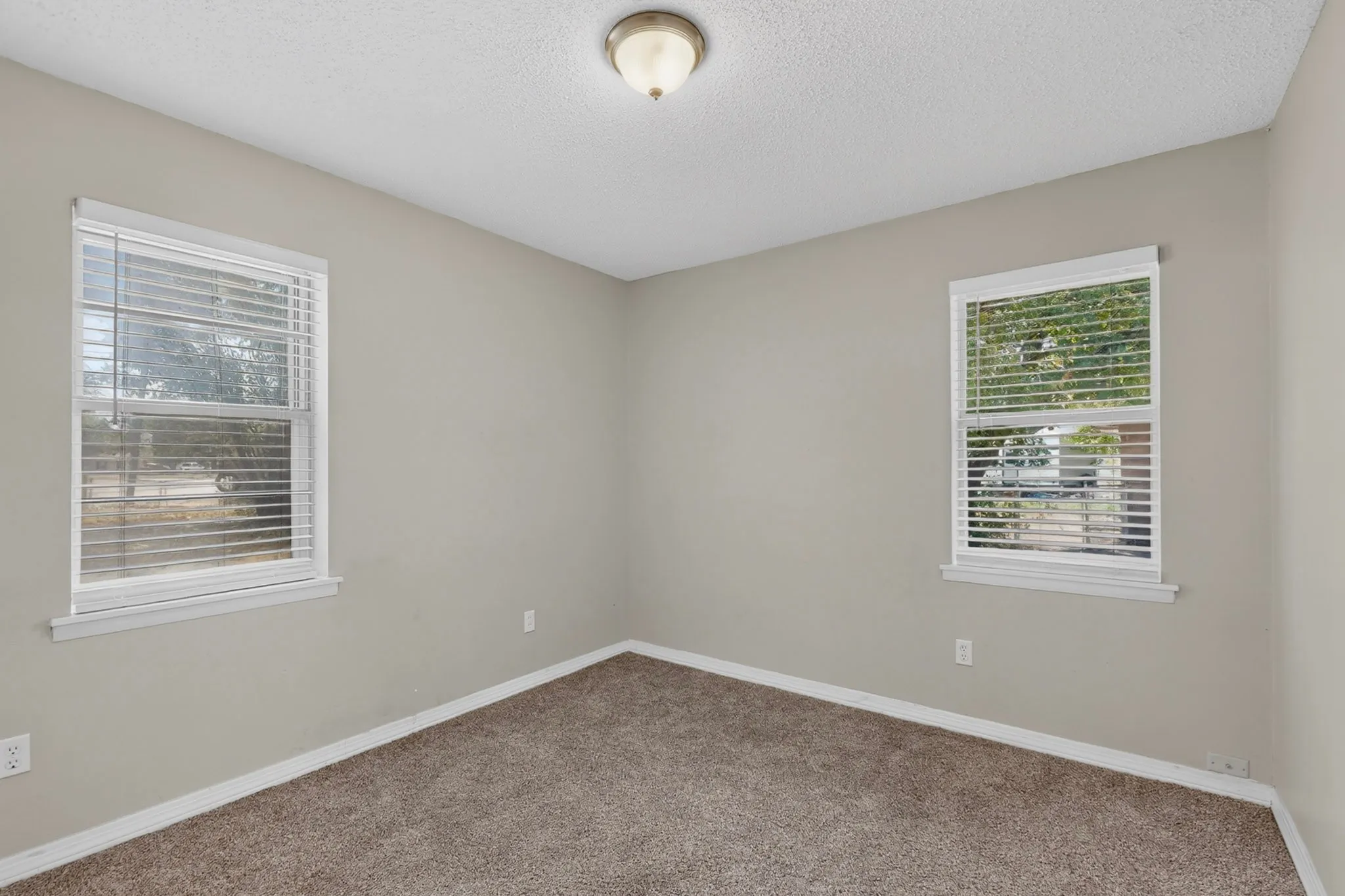 Neutral wall color, two windows with blinds, carpeted flooring, and a ceiling-mounted light fixture