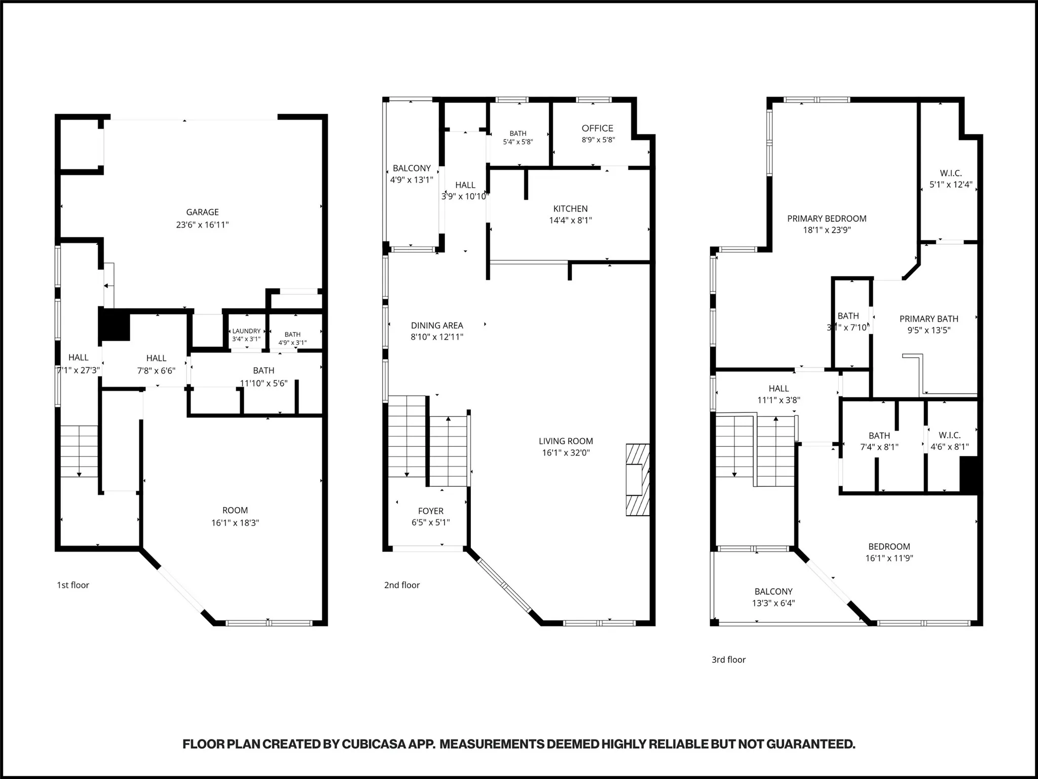 Floor plan: three levels, an attached two-car garage, and two balconies
