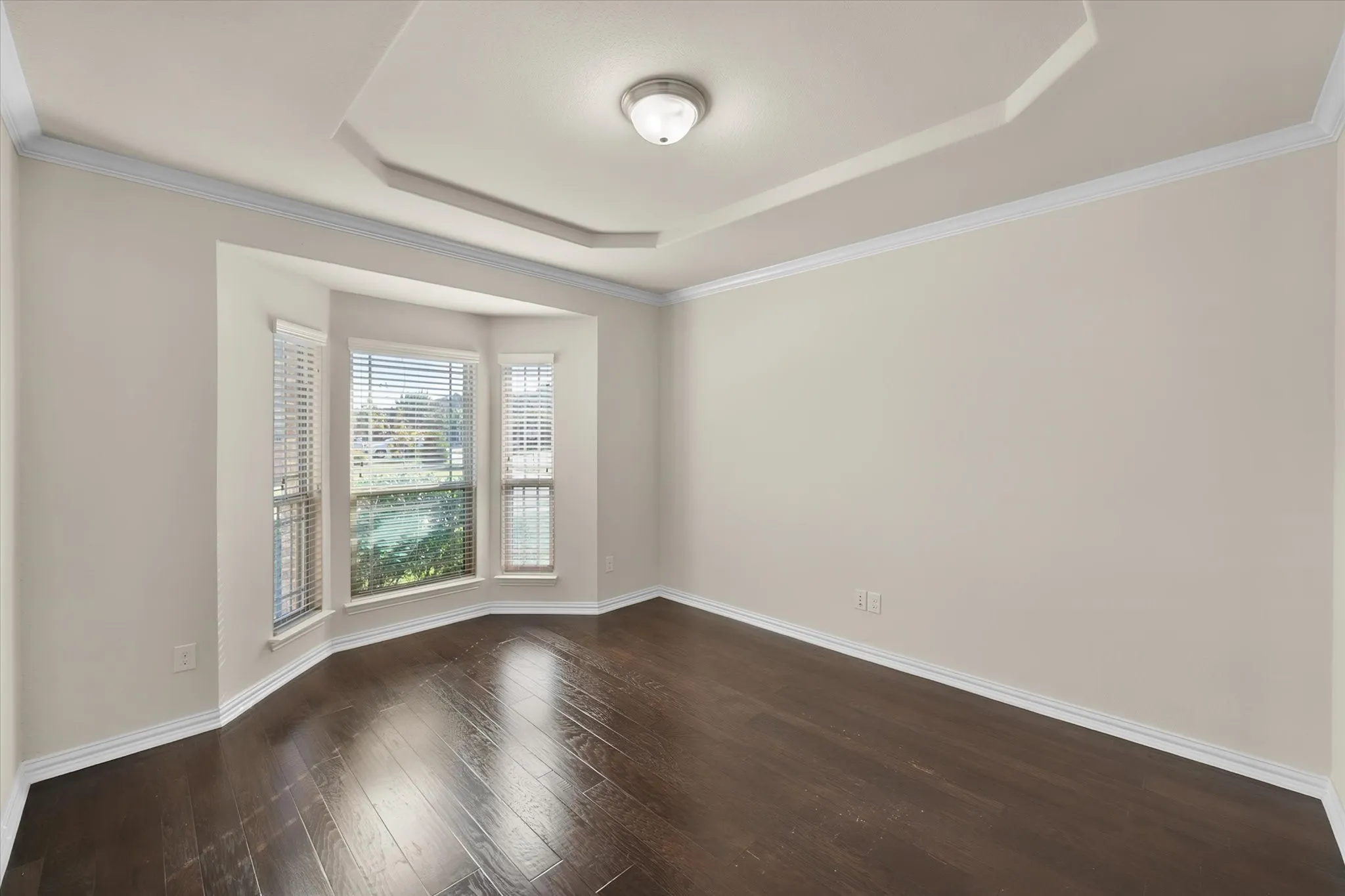 Recessed ceiling with layered trim, wood-finish flooring, and bay windows