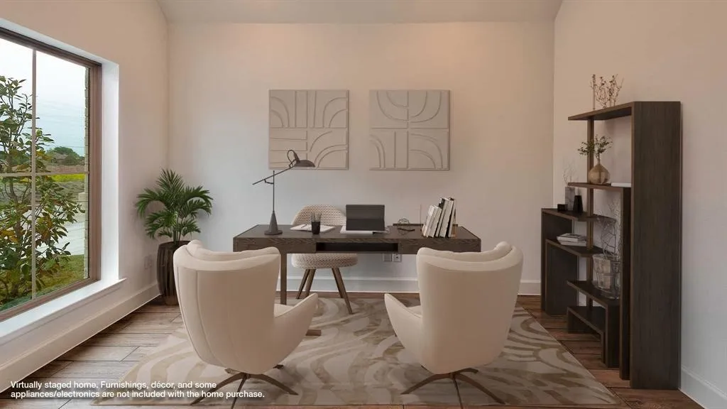 Expansive window, recessed lighting, wood-finish flooring, built-in shelving, and pristine white walls