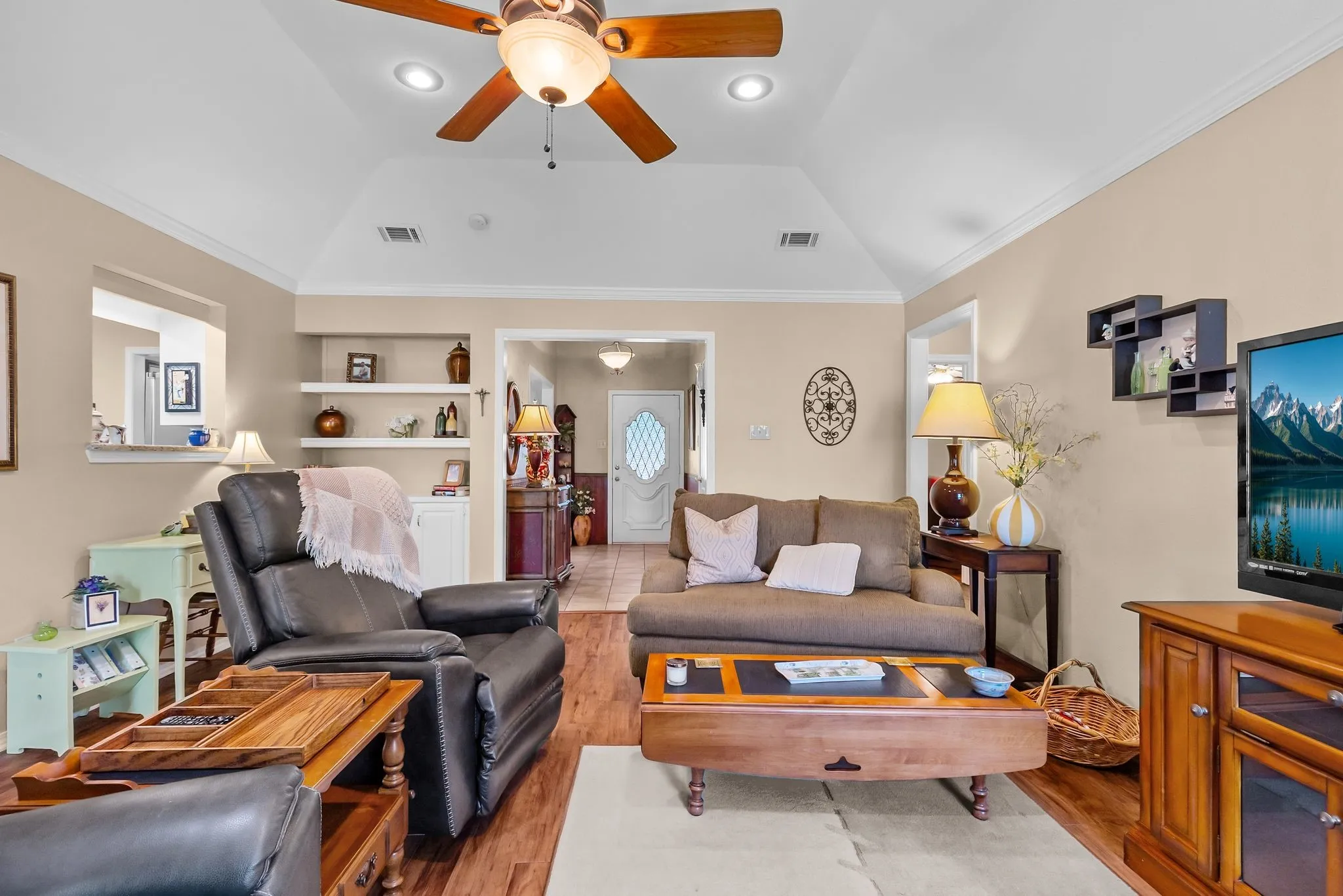 Raised ceilings in living room.