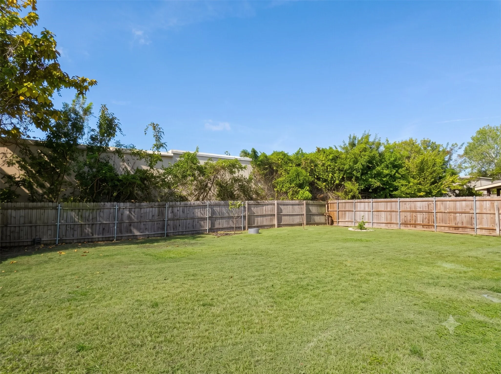 Expansive lawn with wood privacy fencing