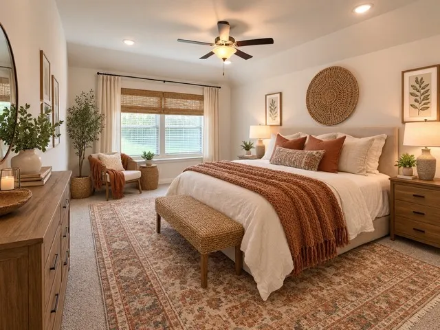 This spacious primary bedroom features a warm, neutral color palette throughout, complemented by plush, high-quality carpeting and modern recessed lighting. The room is equipped with a ceiling-mounted fan for climate comfort and features expansive windows outfitted with custom blinds that allow for an abundance of natural light. The well-proportioned layout provides generous wall space, offering ideal versatility for furniture placement and interior decor arrangements. Virtually staged.