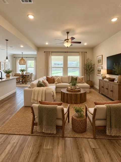 This bright and expansive open-concept living area features a versatile layout that seamlessly connects the main living spaces, highlighted by large windows that provide an inviting, panoramic view of the spacious back yard. Virtually staged.