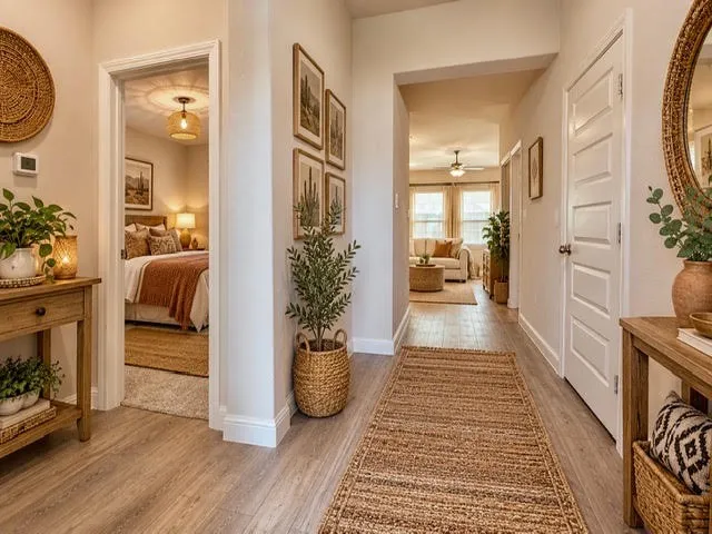 An inviting and spacious entry hall, which features durable luxury vinyl plank (LVP) flooring installed throughout the main living areas, creating a seamless and modern flow, while the attached bedrooms are accented with brand-new, plush carpeting for added comfort and warmth. Virtually staged.