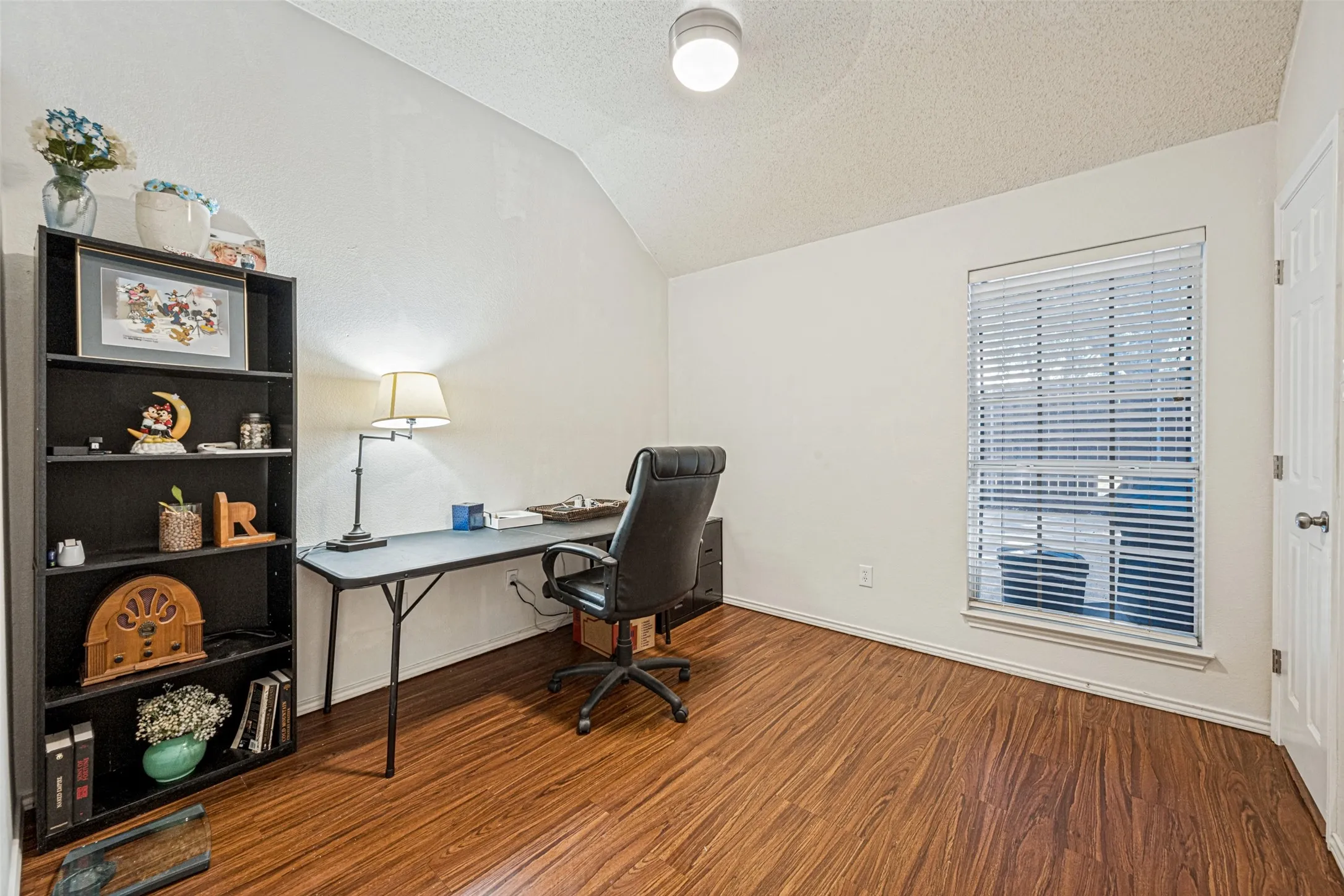 Wood-finish flooring, vaulted ceiling, single window with blinds, and a paneled door