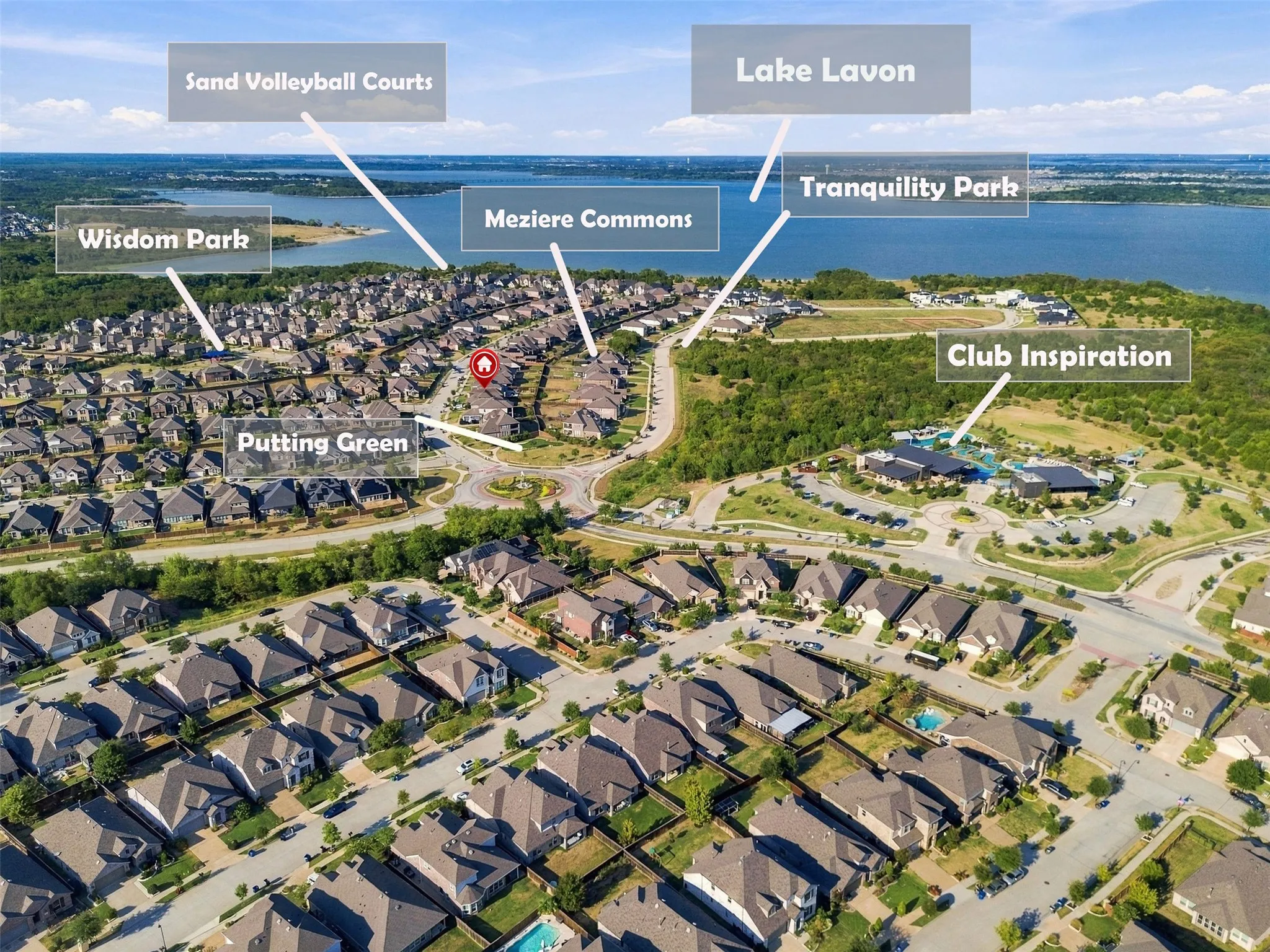 Aerial perspective showcasing proximity to Lake Lavon, community amenities including Sand Volleyball Courts and a Putting Green, and the Club Inspiration facility
