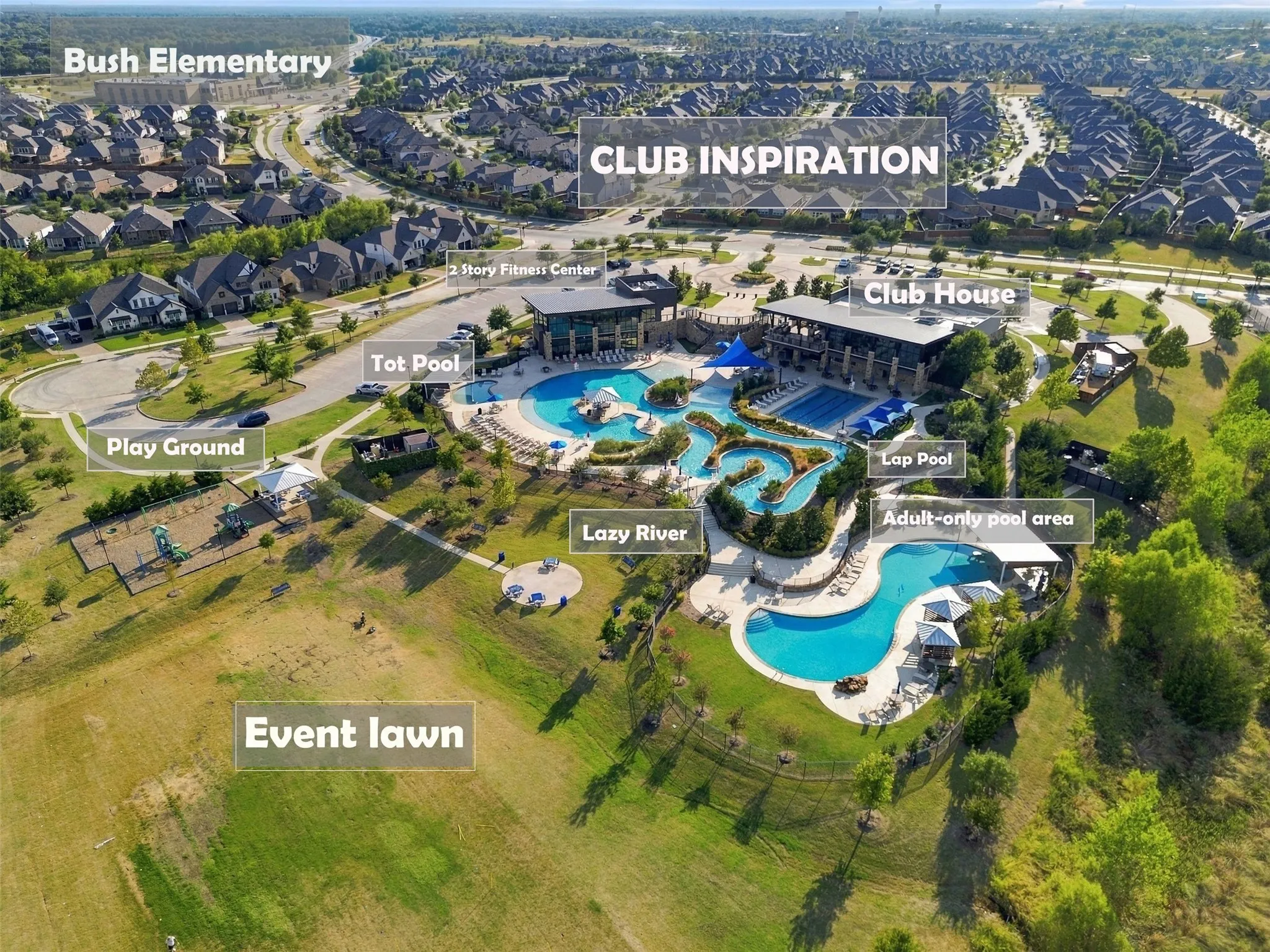 Community amenities including a clubhouse, multiple pools, a play area, and an event lawn