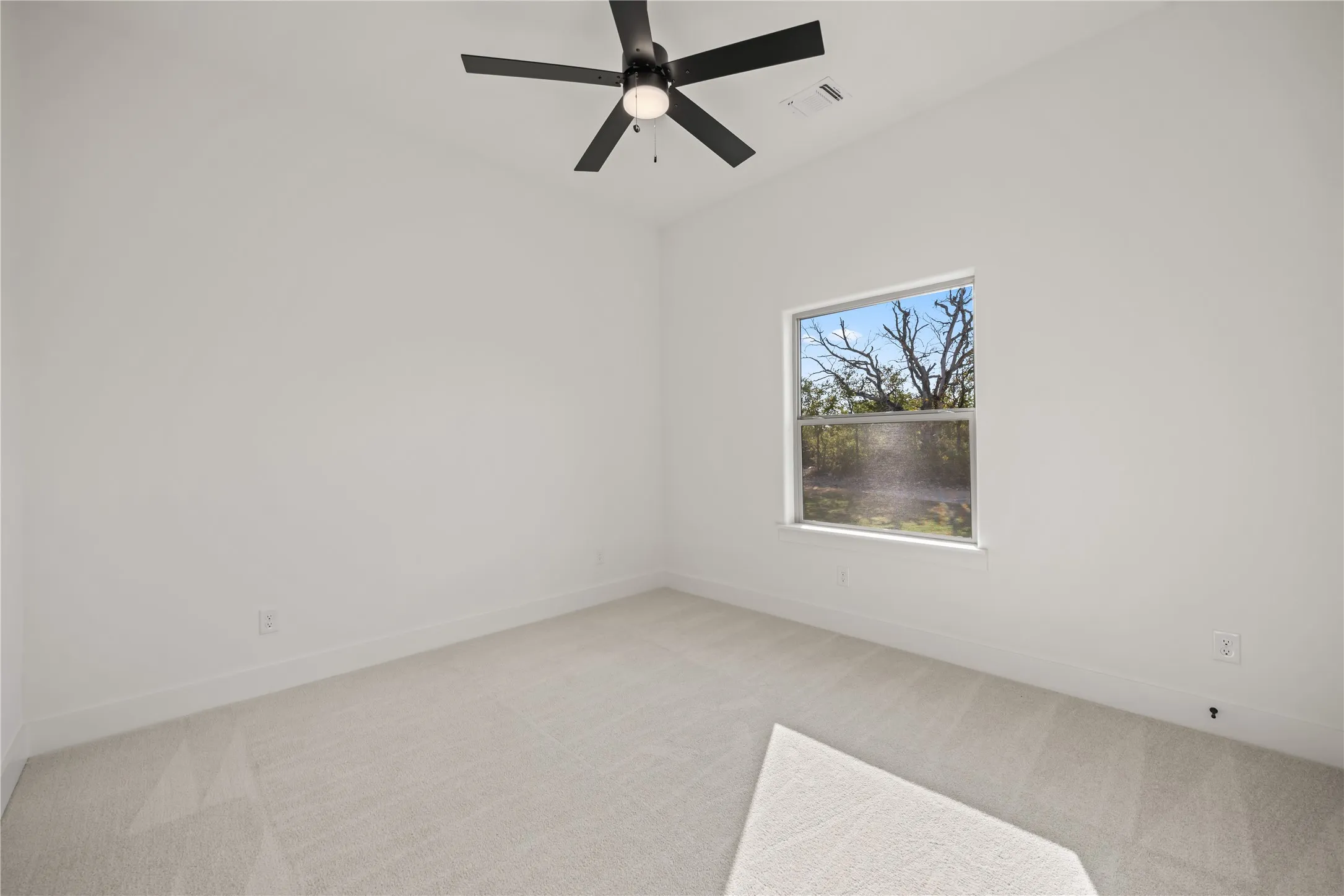 Recessed window with exterior scenery, overhead ceiling fan, and light-toned carpeting