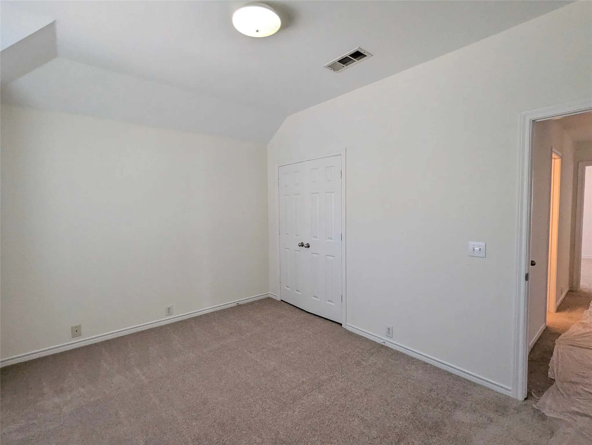 Neutral wall paint, textured carpeting, overhead flush-mount lighting, and white bi-fold closet doors