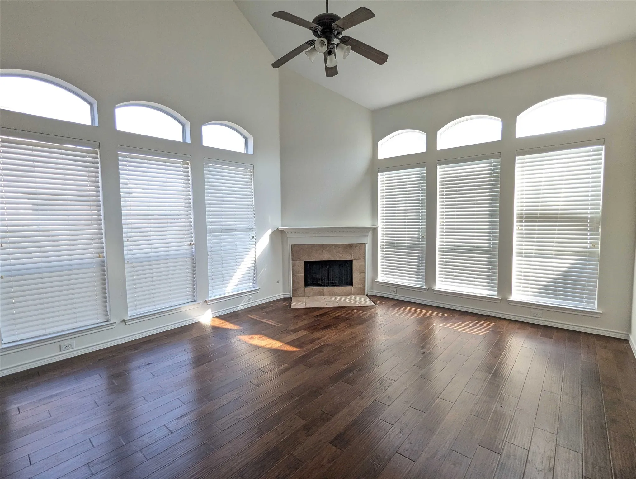 Wood-finish flooring, vaulted ceiling, arched transom windows, integrated fireplace, and ceiling fan