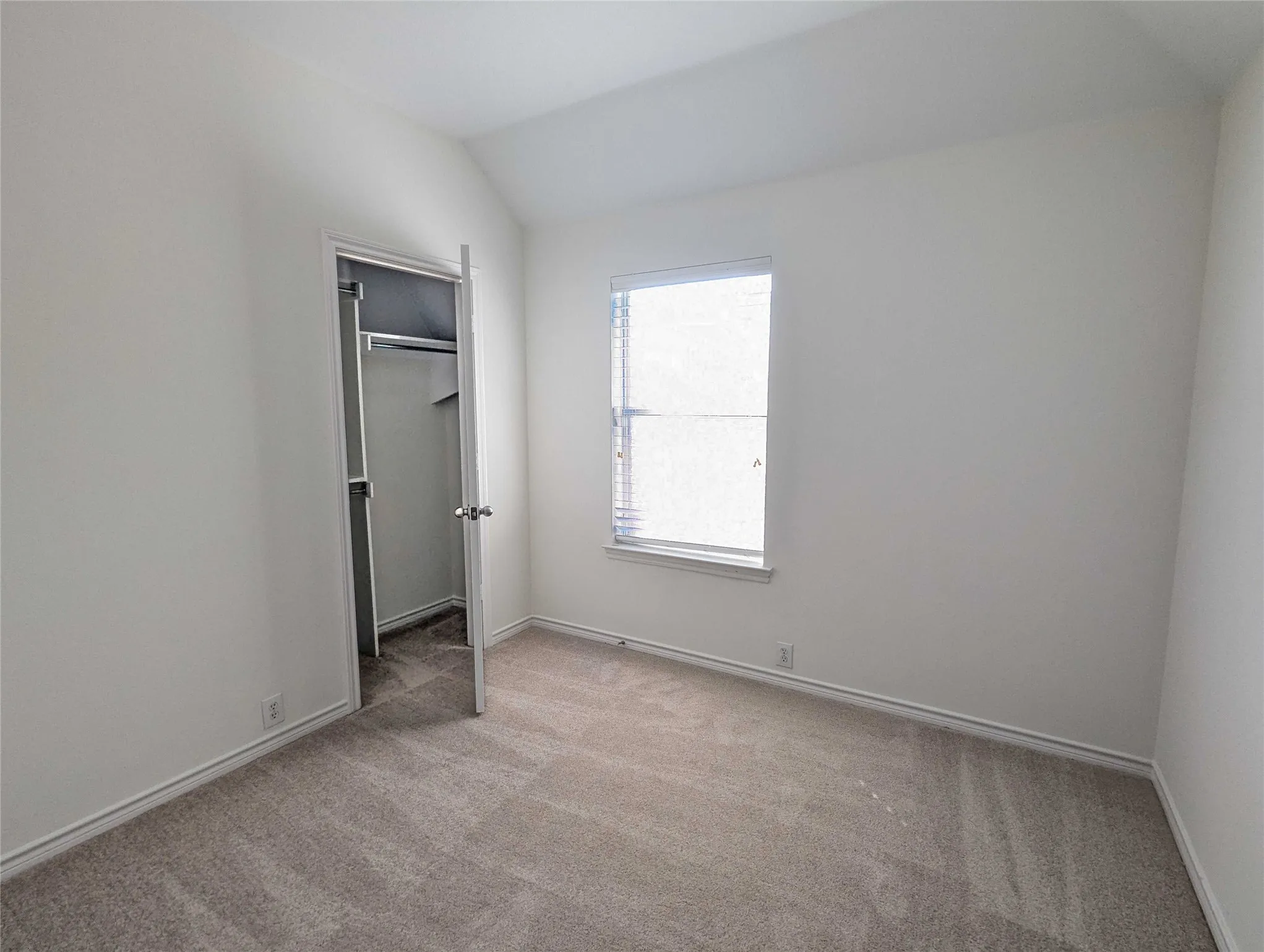Neutral tone wall paint, carpet flooring, window with blinds, and a built-in closet with hanging rod
