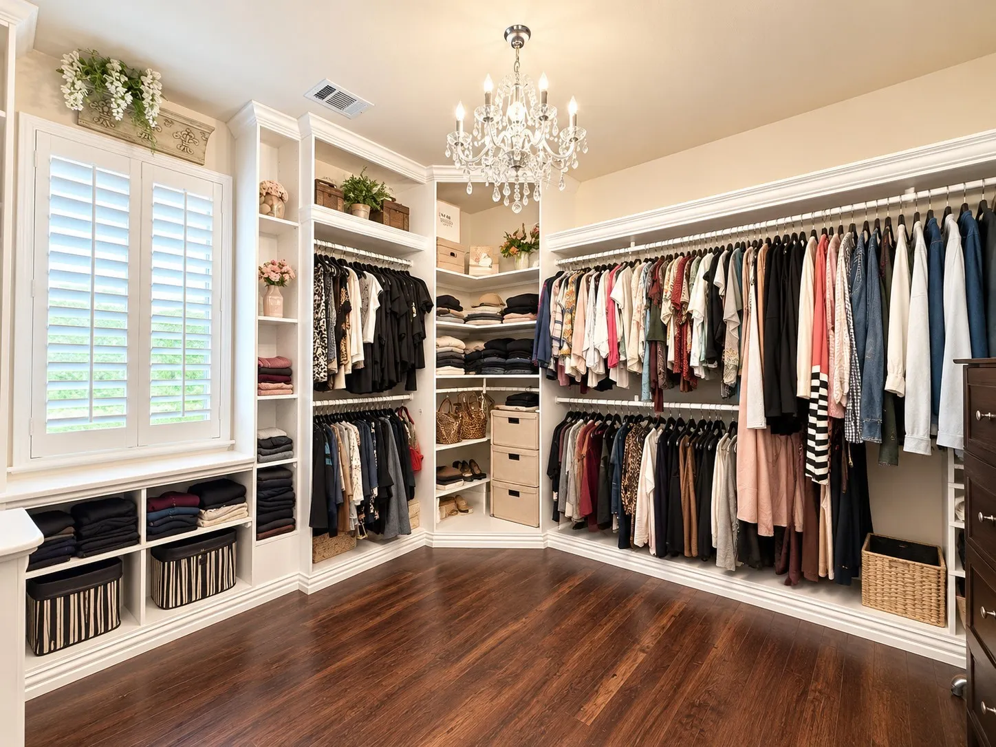 Custom closet system featuring extensive shelving and hanging rods