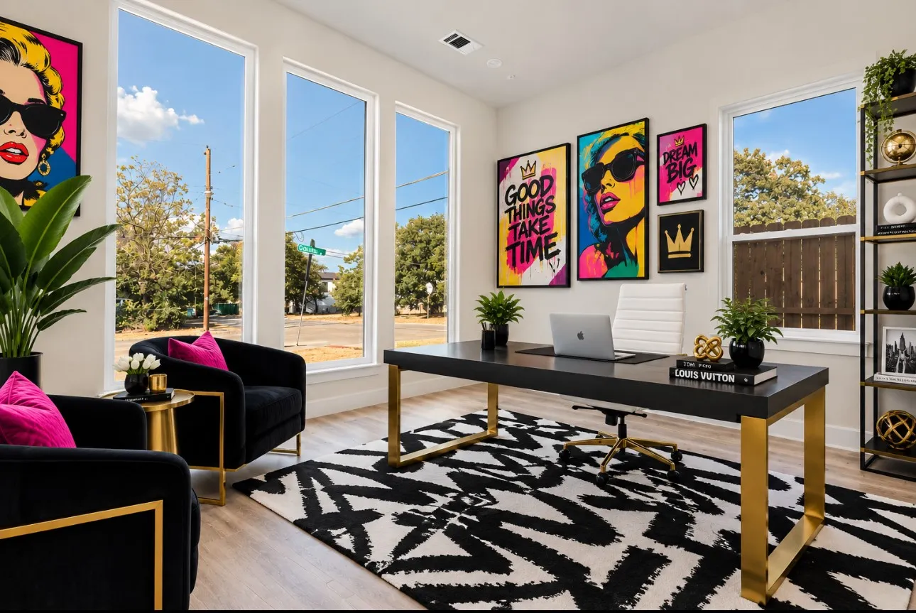 Large windows provide ample natural light, complemented by light wood-finish flooring