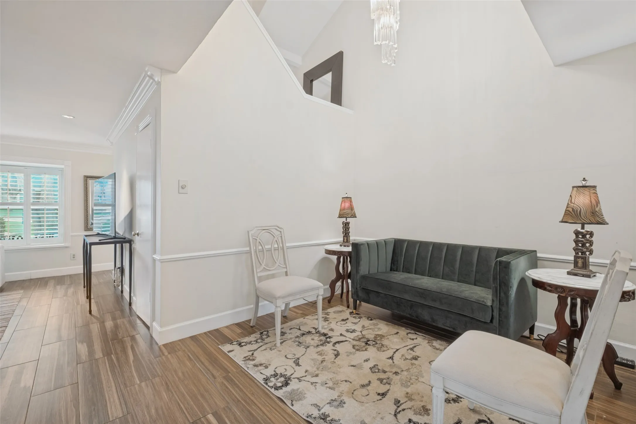 Vaulted ceiling with elegant chandelier