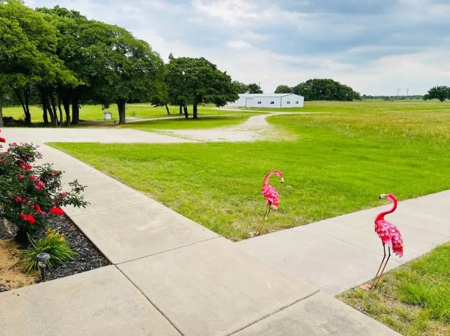 Expansive green lawn with mature trees and a concrete pathway