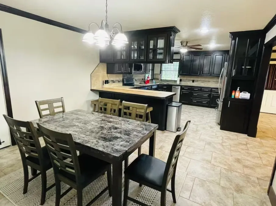 Kitchen featuring dark wood-finish cabinetry, stainless steel appliances, and a tiled backsplash
