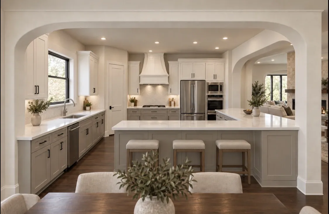 Kitchen featuring a large center island, stainless steel appliances, recessed lighting, wood-finish flooring, and arched doorways